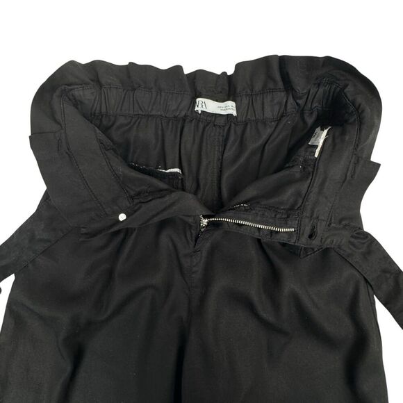 Zara Women's Paper Bag Waist Pants Black Small Wide Leg Crop Belted Office - Picture 10 of 16